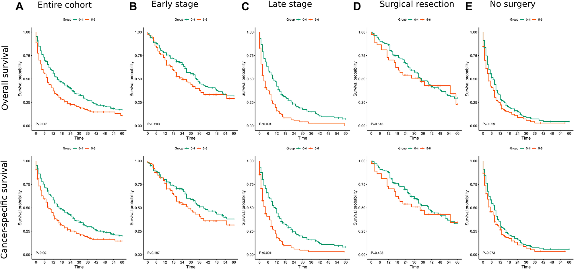 Kaplan Meier survival curves for overall and cancer specific survival
