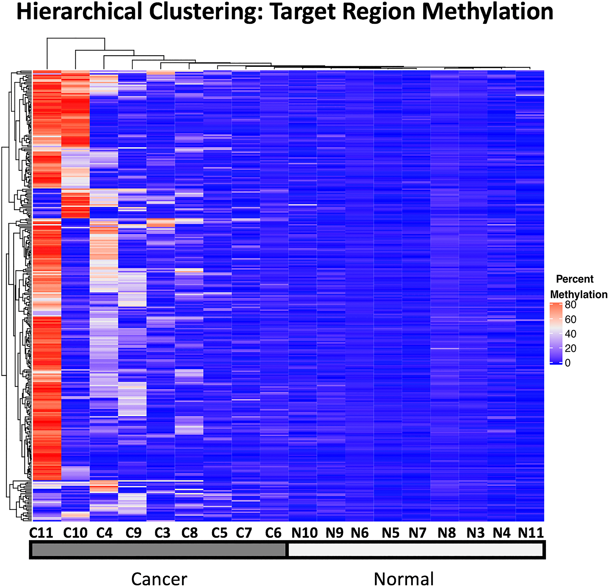Unsupervised hierarchical clustering of target region methylation in all 18 WGBS samples used in this analysis