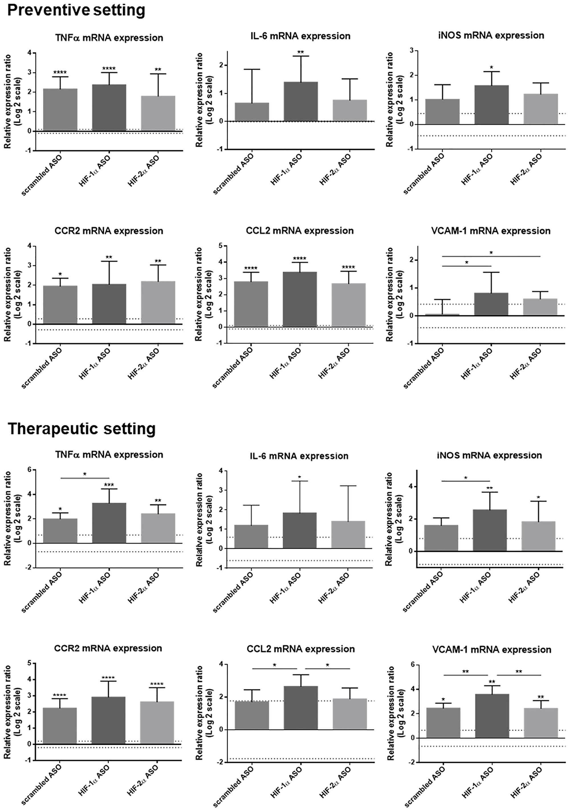 Effect of preventive and therapeutic HIF-1α and HIF-2α ASO treatment on hepatic mRNA expression of inflammatory markers in DEN-induced HCC mice