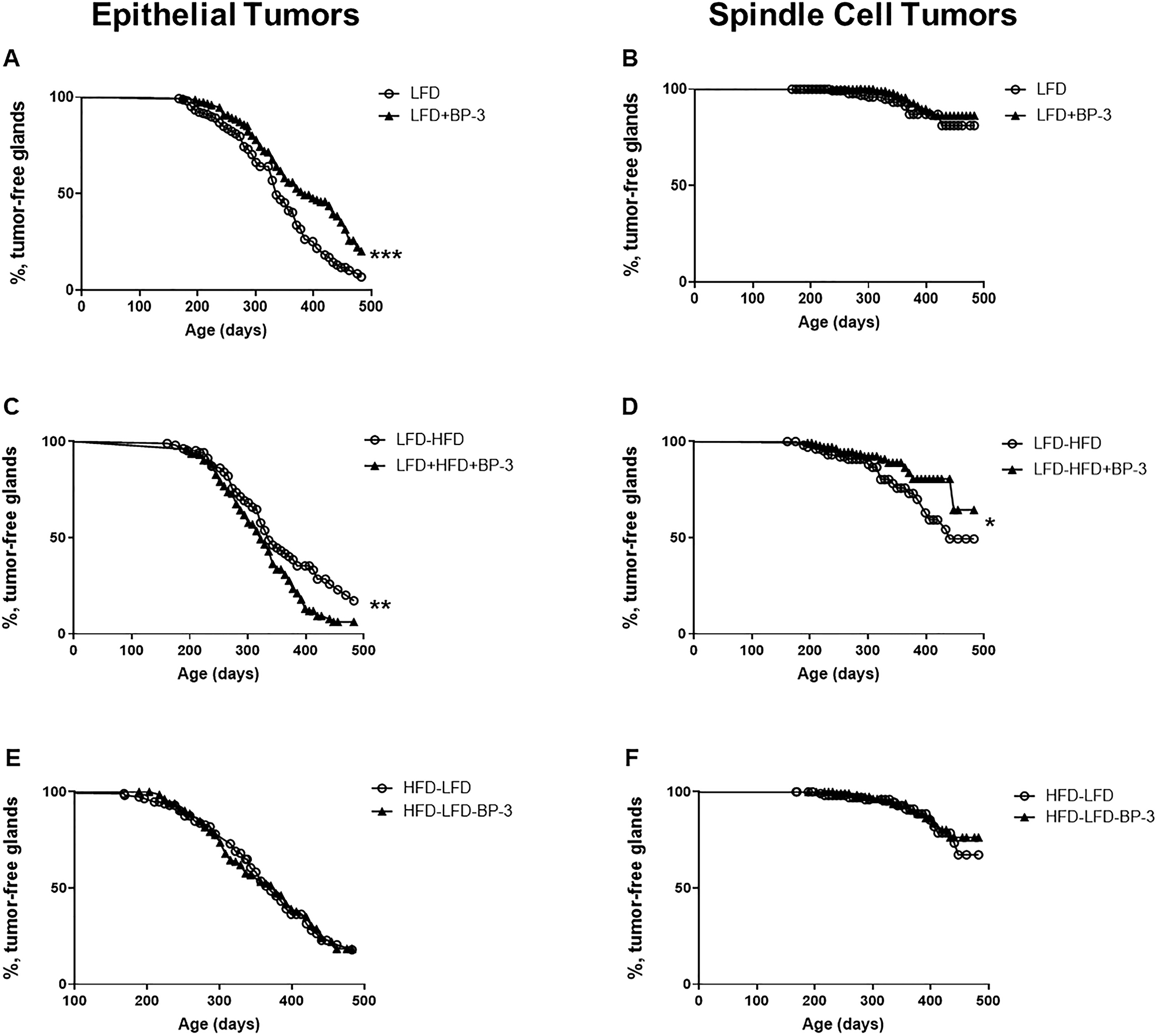 BP-3 reduced epithelial tumorigenesis on LFD, but promoted epithelial tumorigenesis on an adult-restricted HFD