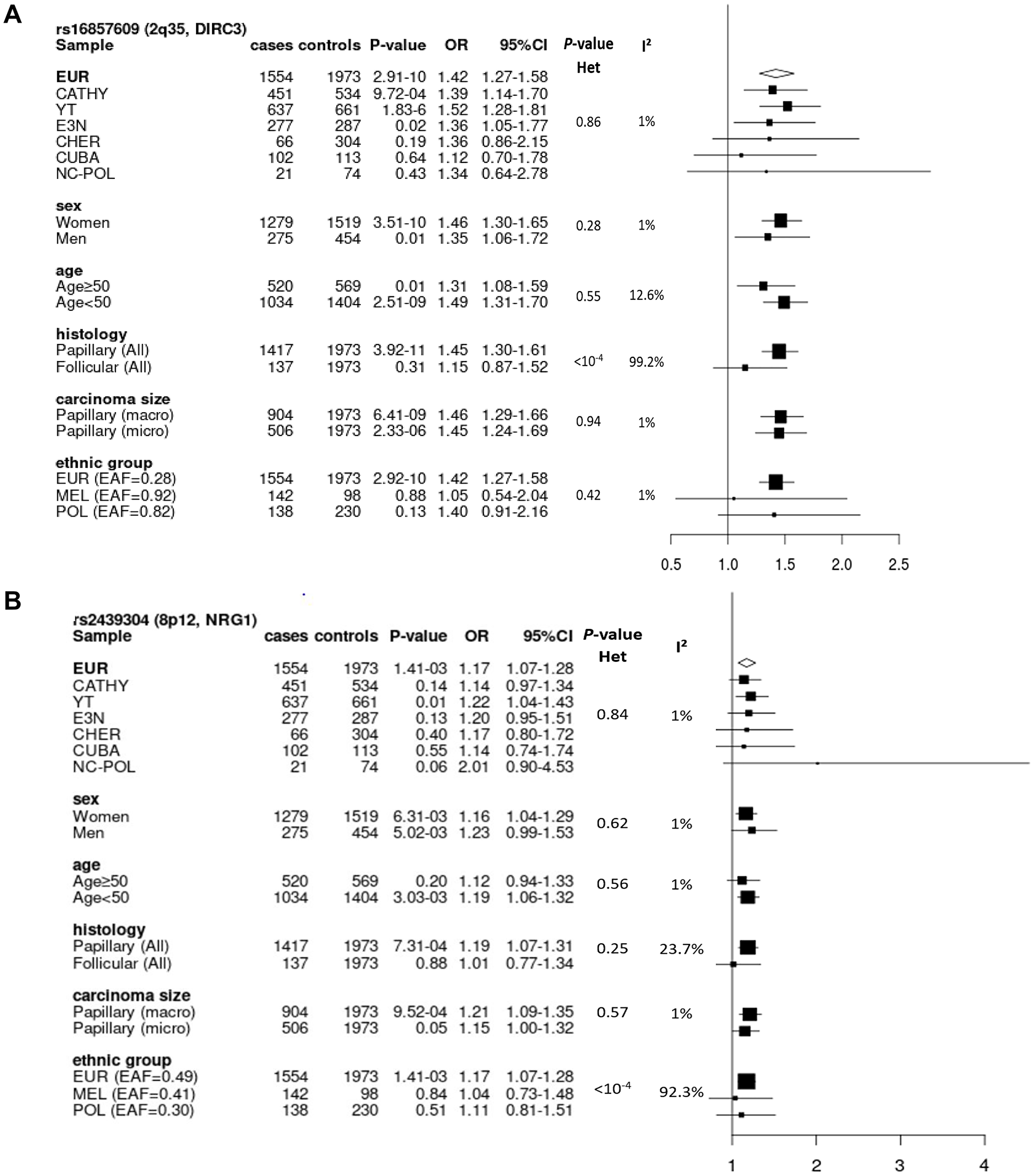 Forest plots of subgroup analyses for rs16857609 (A) and rs2439304 (B), by study, sex, age group, histology and size of carcinoma in Europeans, and by ethnic group in the entire dataset. (A) Result for the genotyped SNP rs16857609 in DIRC3 at 2q35 (Effect allele (T) frequency in Europeans: 0.28). (B) Result for the imputed SNP rs2439304 in NRG1 at 8p12 (Effect allele (A) frequency in Europeans: 0.49). EAF: effect allele frequency; EUR: Europeans; MEL: Melanesians; POL: Polynesians; Het: heterogeneity.