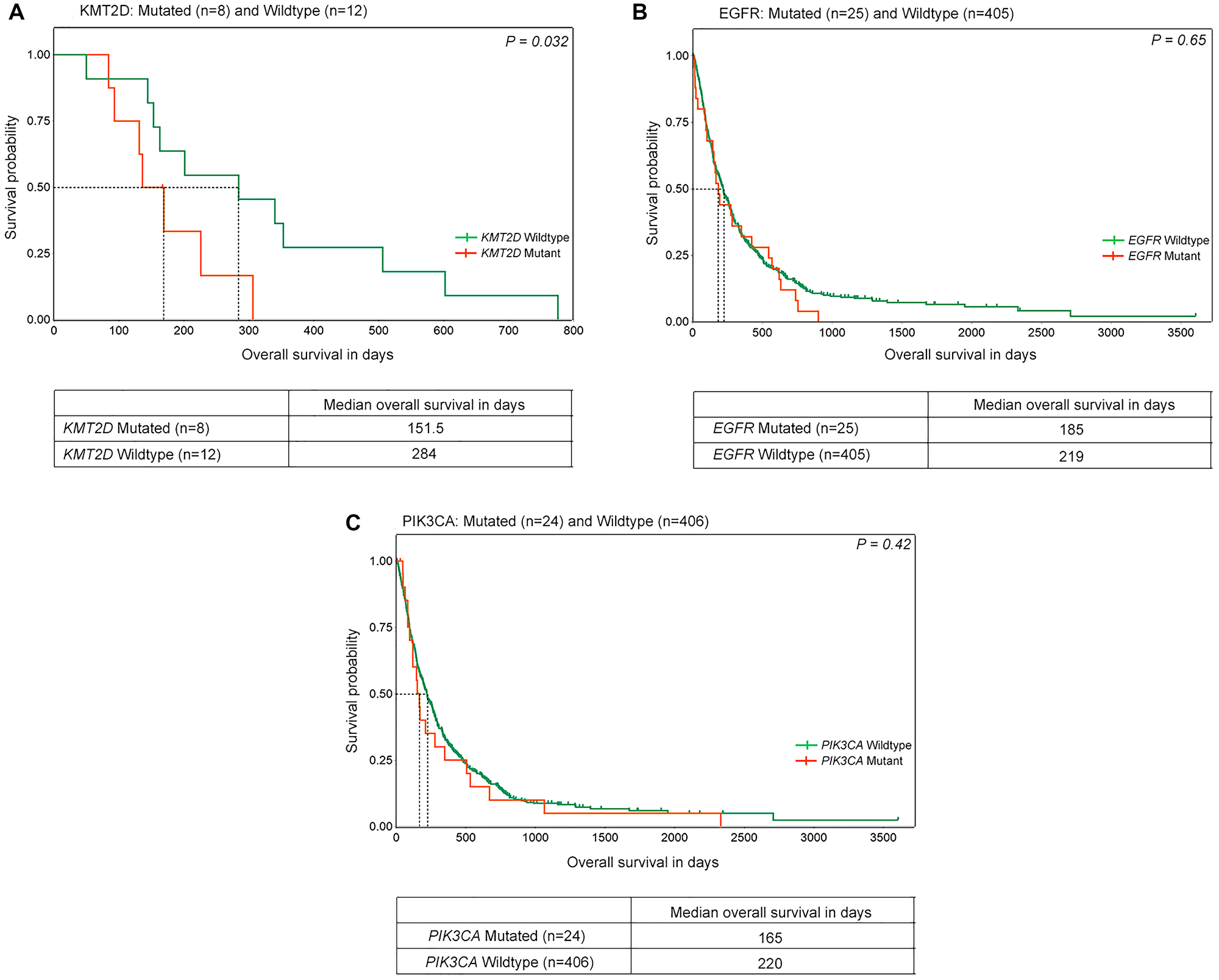 Overall survival in lung squamous tumors with distinct gene alterations