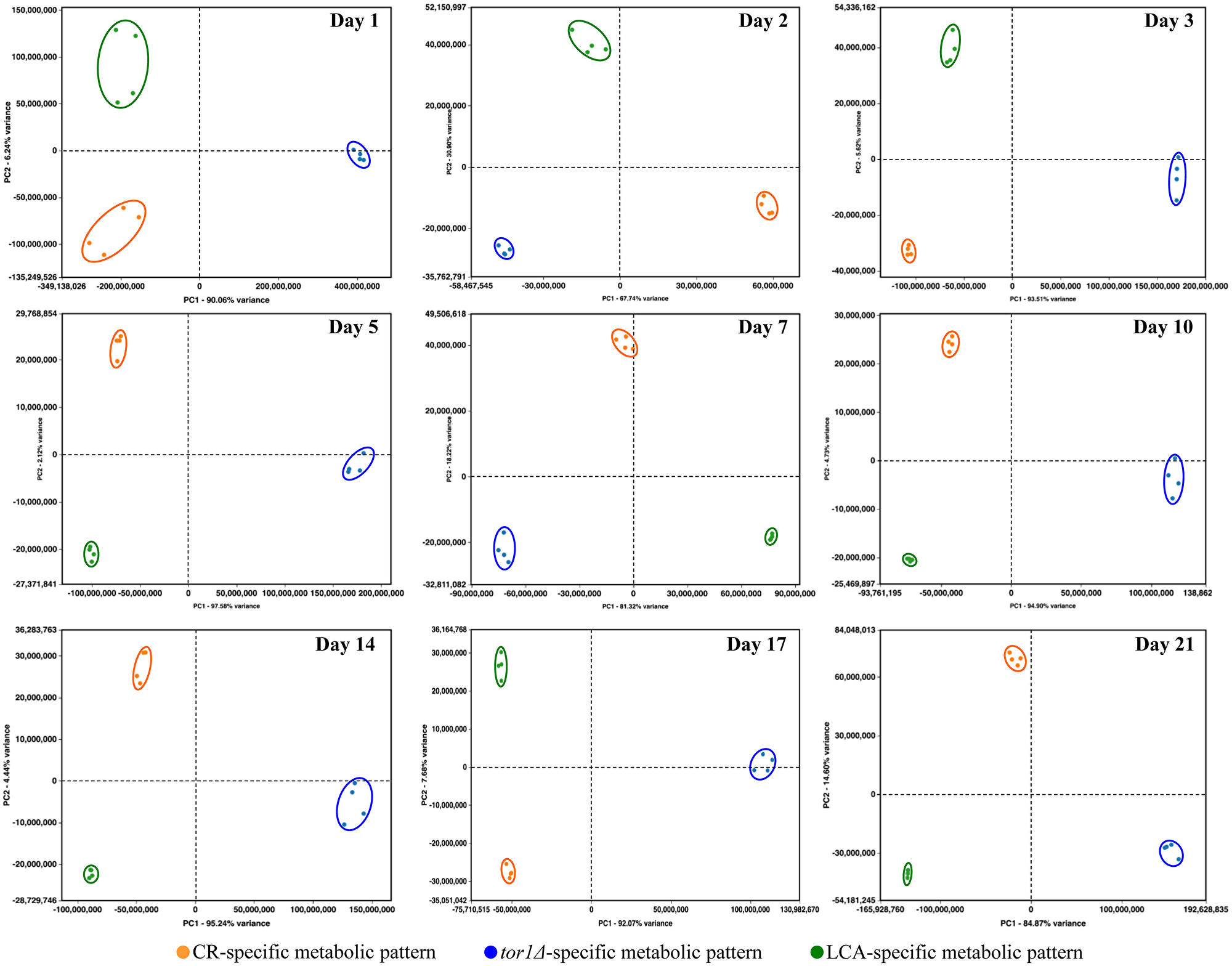 CR, tor1Δ and LCA generate different metabolic profiles of 193 water-soluble metabolites throughout the entire chronological lifespan of budding yeast