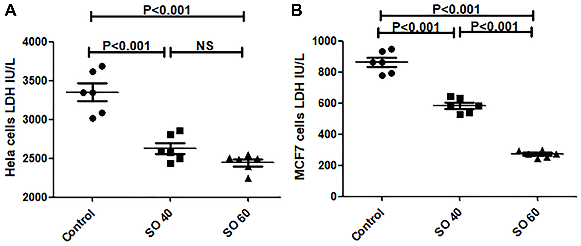 Sodium Oxamate inhibits LDH enzyme activity in HeLa (A) and MCF-7 (B) cancer cells. Cells were treated with 0, 40, 60 mM sodium oxamate for 24 hour.
