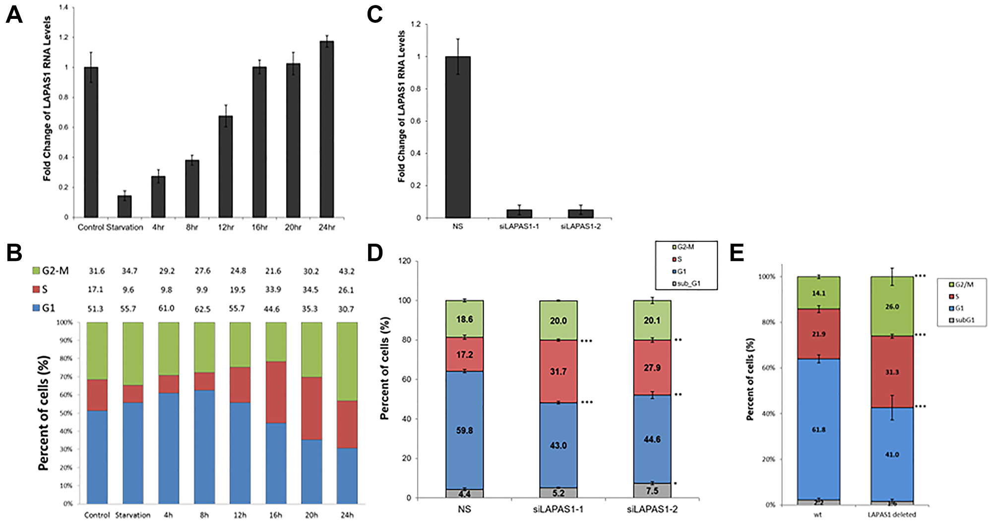 The RNA levels of LAPAS1 are cell cycle-regulated, and its inhibition results in cell cycle redistribution