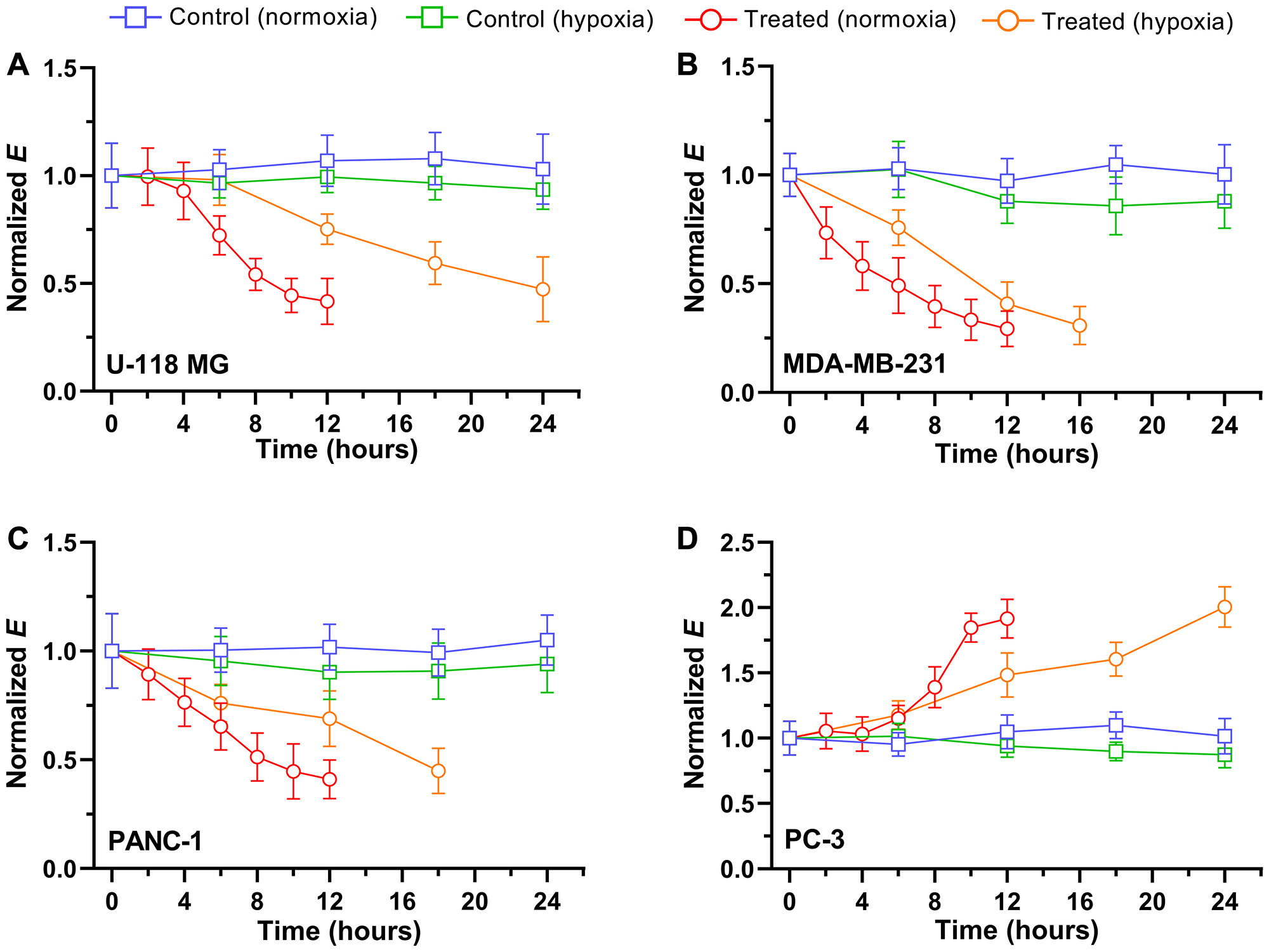 Time trace of normalized Young’s modulus E after exposure to 5 μM drugs in normoxia and hypoxia