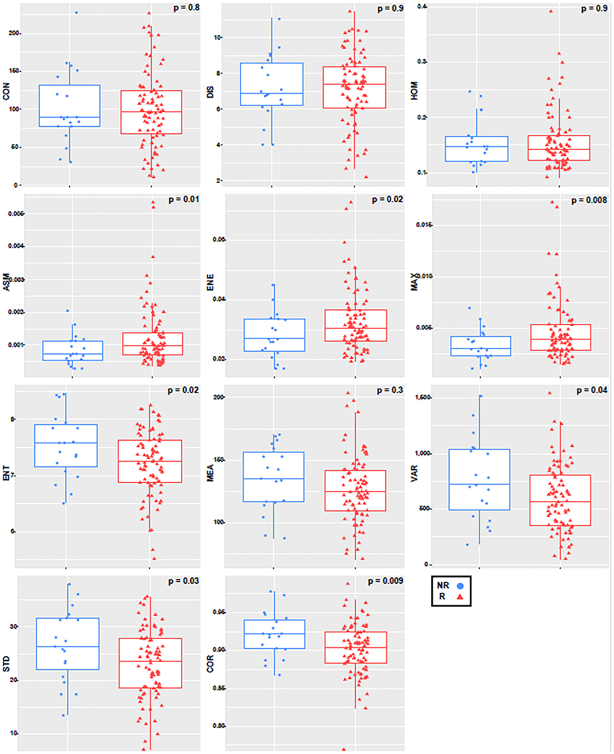 Boxplot with an overlayed scatterplot of the distributions of NR and R patient texture feature values calculated with only the tumor core, a quantization of 256 grey levels, and a pixel distance of 1