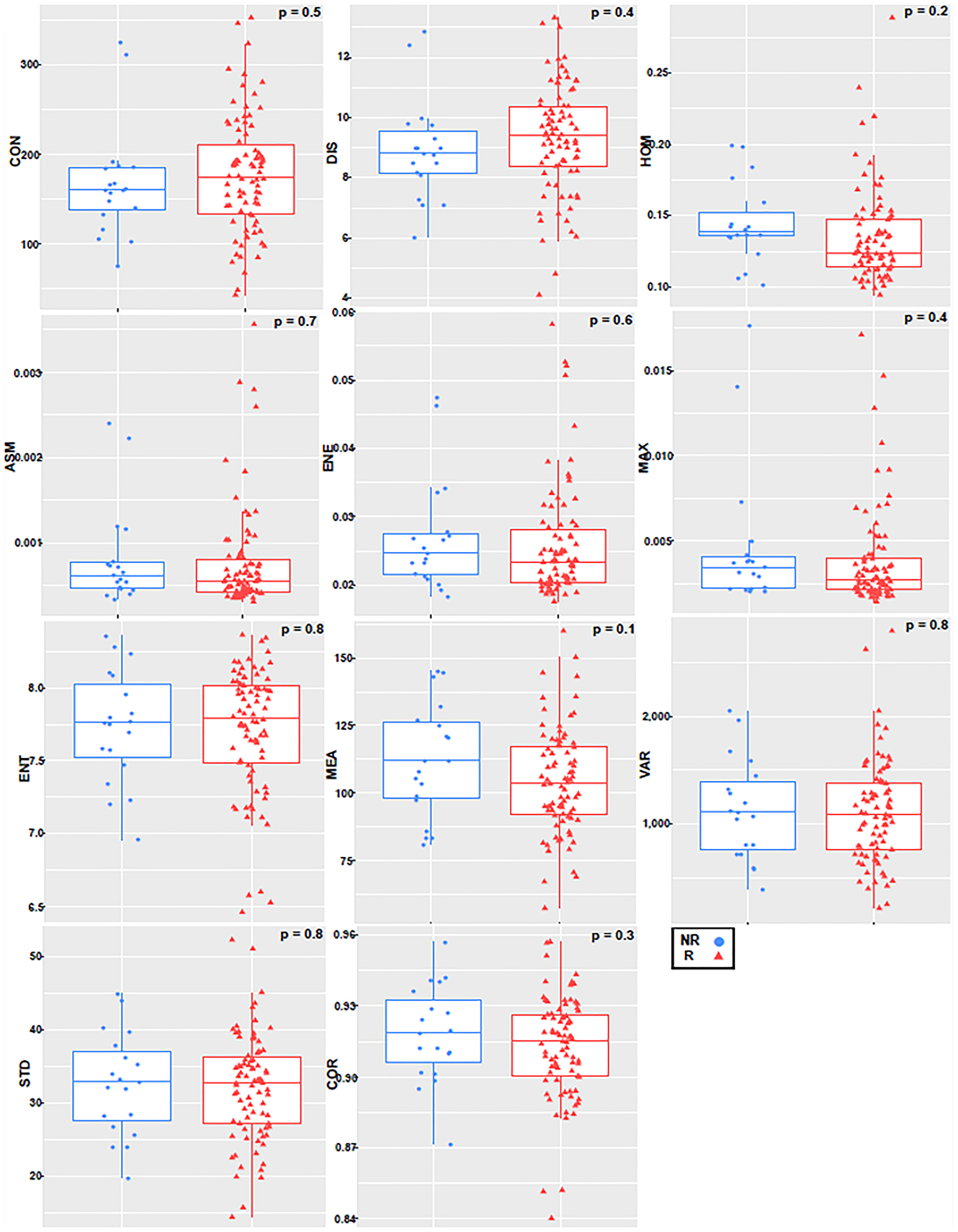 Boxplot with an overlayed scatterplot of the distributions of NR and R patient texture feature values calculated with only tumor margin, a quantization of 256 grey levels, and a pixel distance of 1