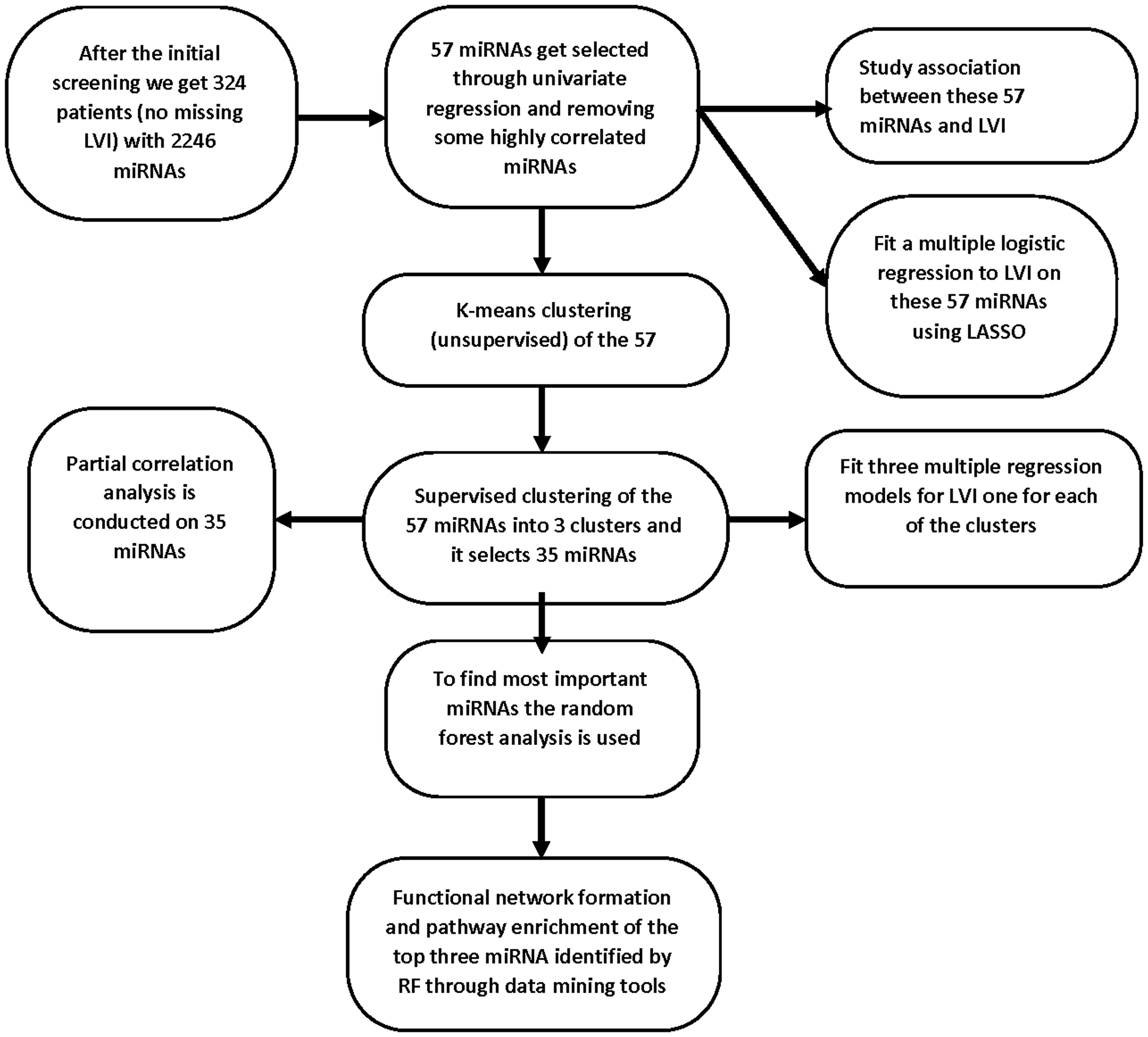Flow chart showing the overall workflow describing the steps used to develop the prognostic model and identification of miRNAs that are predictive of LVI