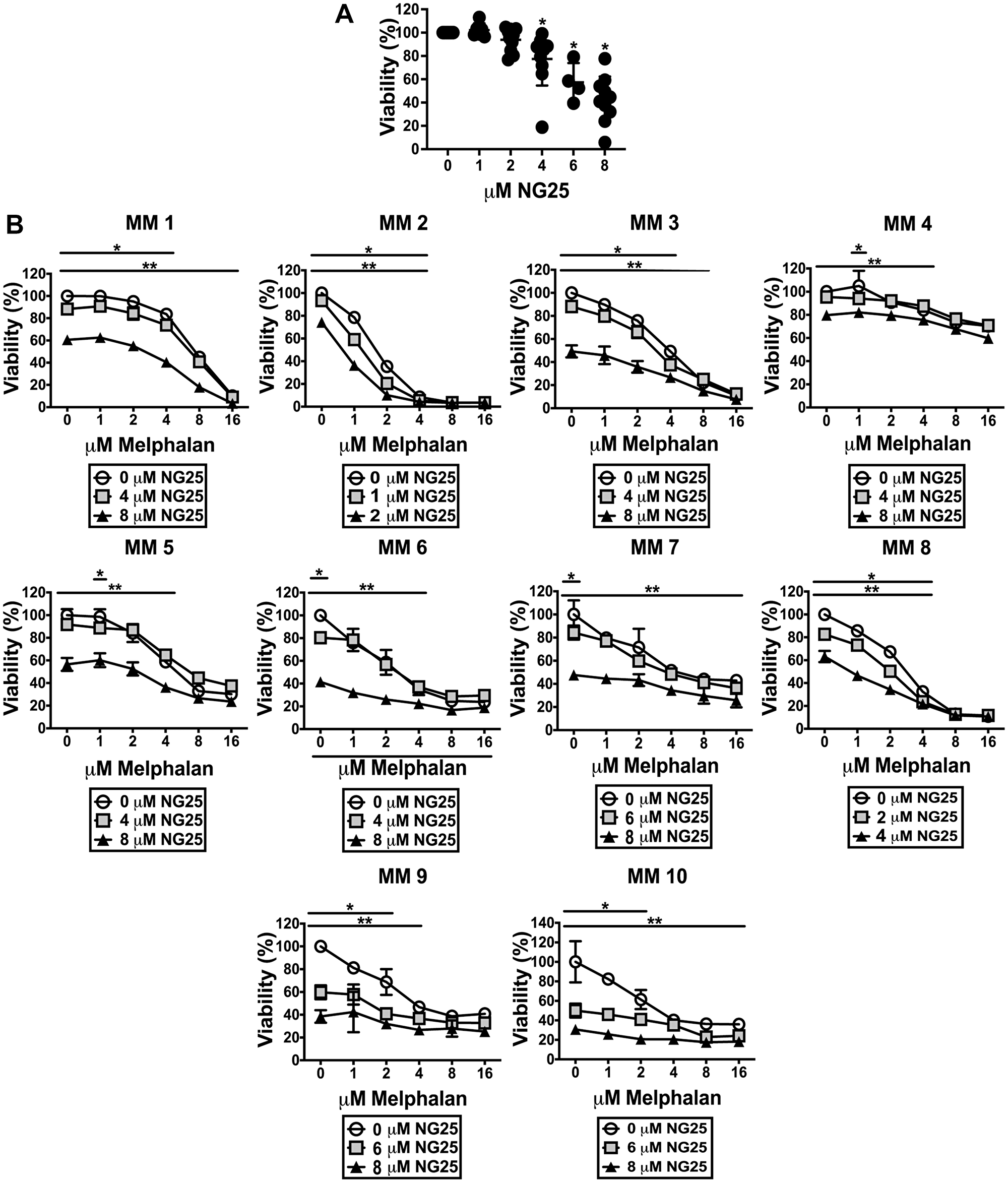 NG25 reduce viability of CD138+ cells from patients, alone and in combination with melphalan