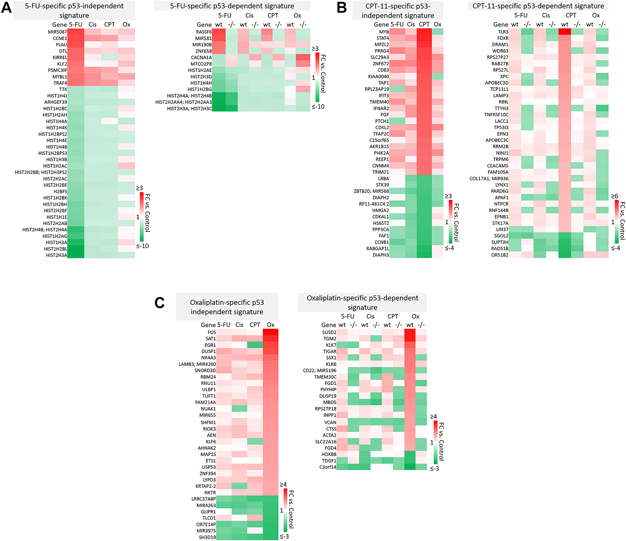 Drug-specific gene signatures divided into p53-independent and p53-dependent subsets after 5-FU, CPT-11, oxaliplatin, and cisplatin treatment of human colorectal cancer cells