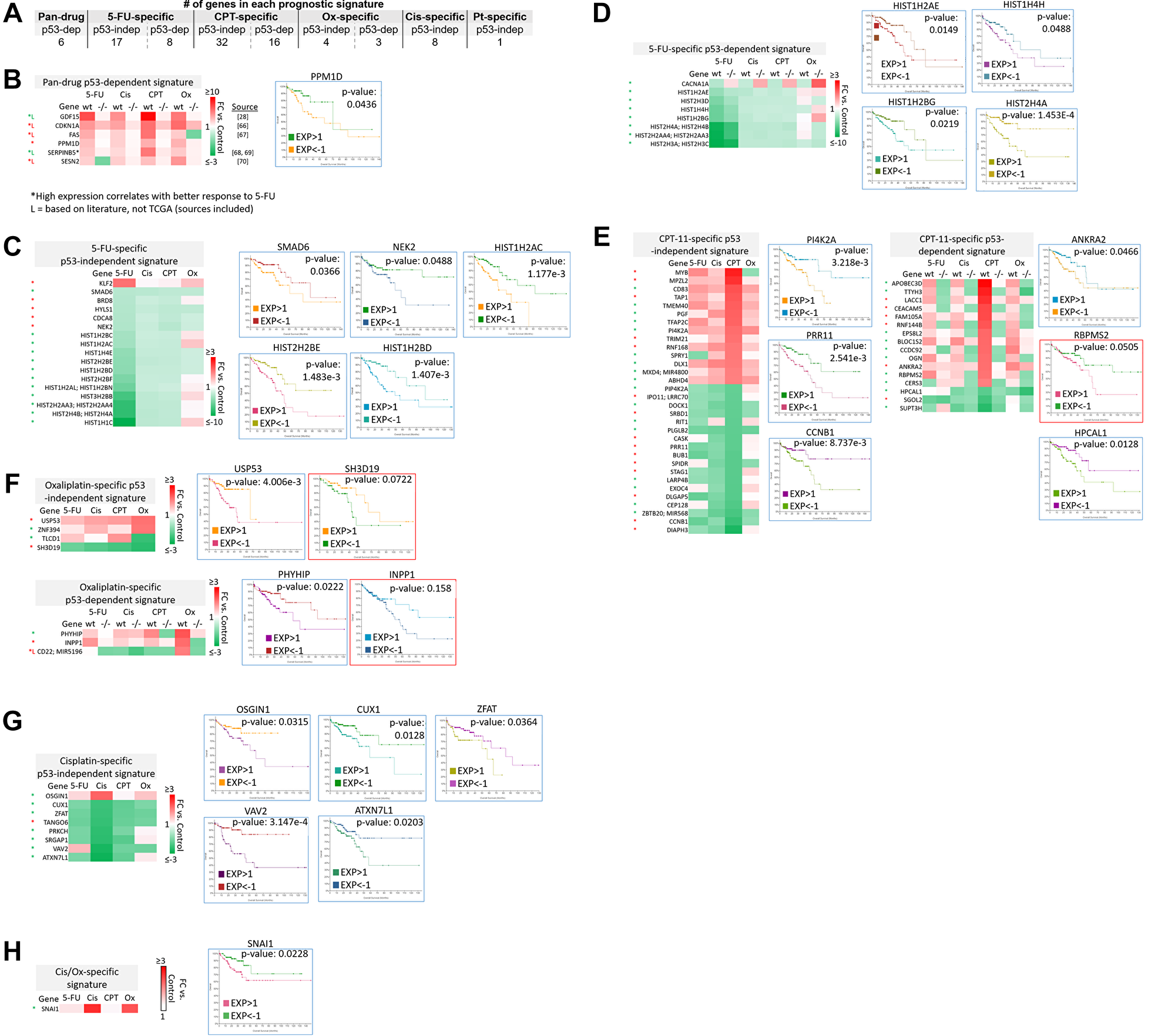 Subsets of transcriptomic signatures in response to 5-FU, CPT-11, oxaliplatin, and cisplatin correlate with patient outcomes