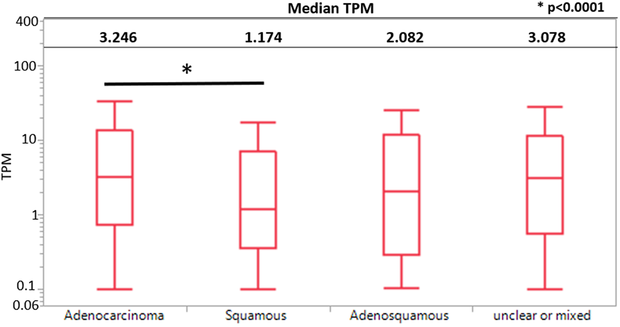 KK-LC-1 expression by histological subtypes between adenocarcinoma, squamous cell carcinoma, adenosquamous carcinoma, and unclear or mixed carcinomas using a boxplot