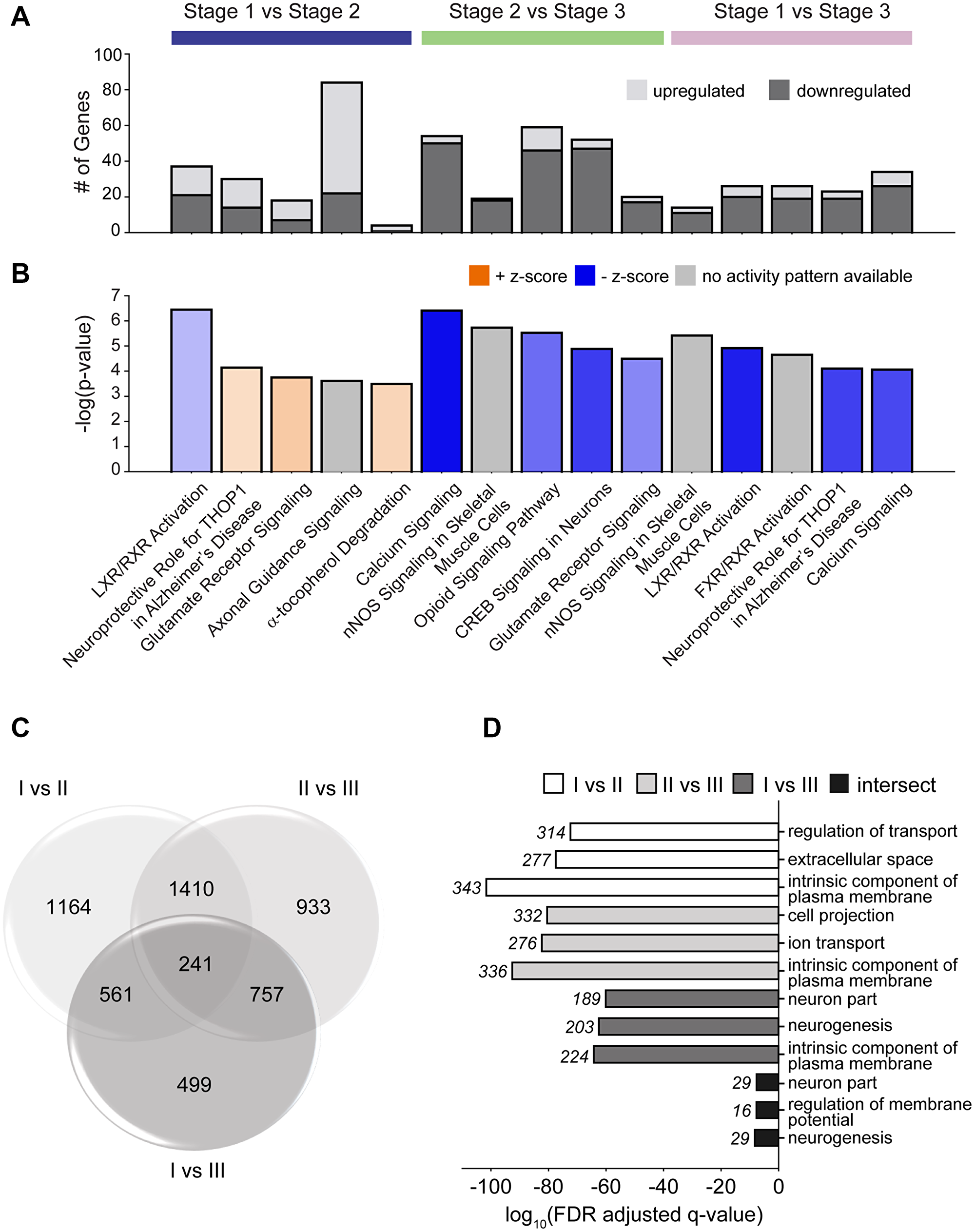 Top signaling pathways and enriched gene sets associated to stage comparisons
