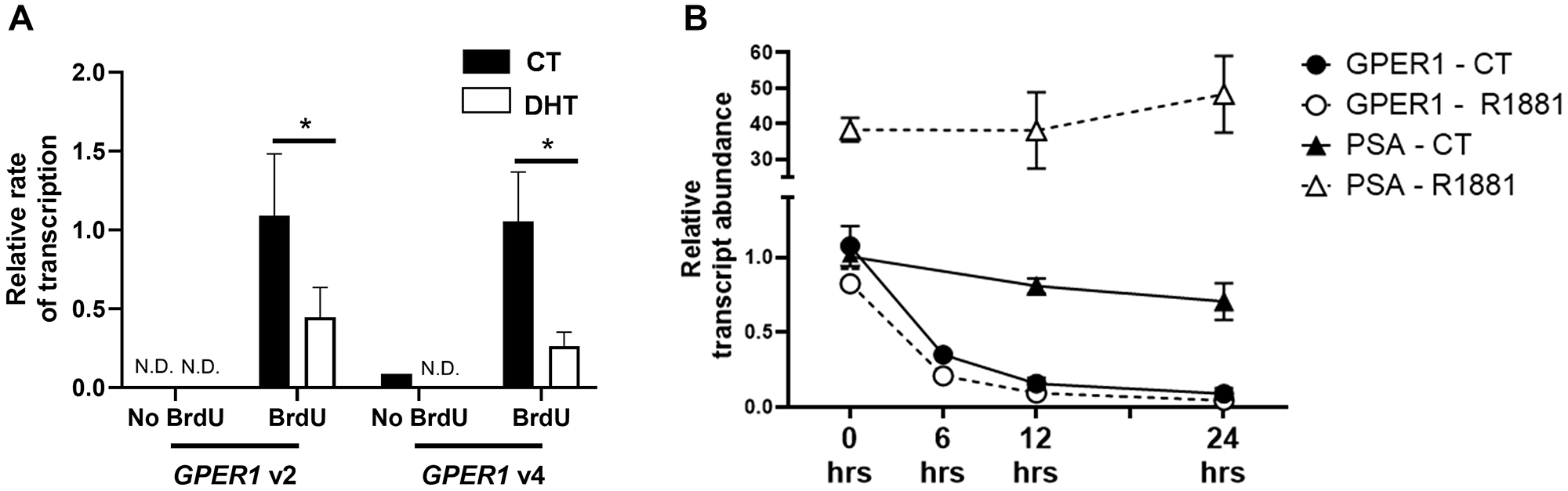 The AR represses transcription of GPER1 but not mRNA stability