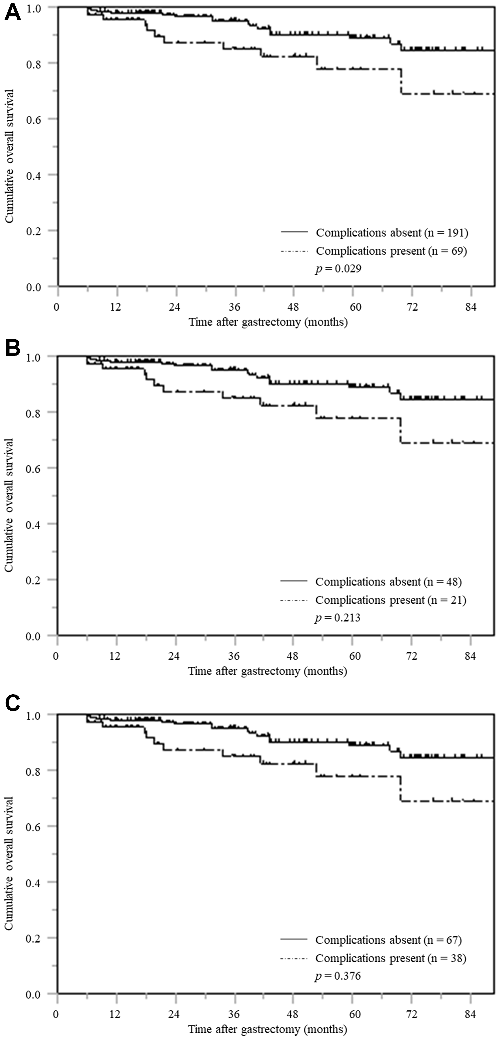 Overall survival based on postoperative complications stratified according by pTNM stage (A) pTNM stage I (B) pTNM stage II (C) pTNM stage III.