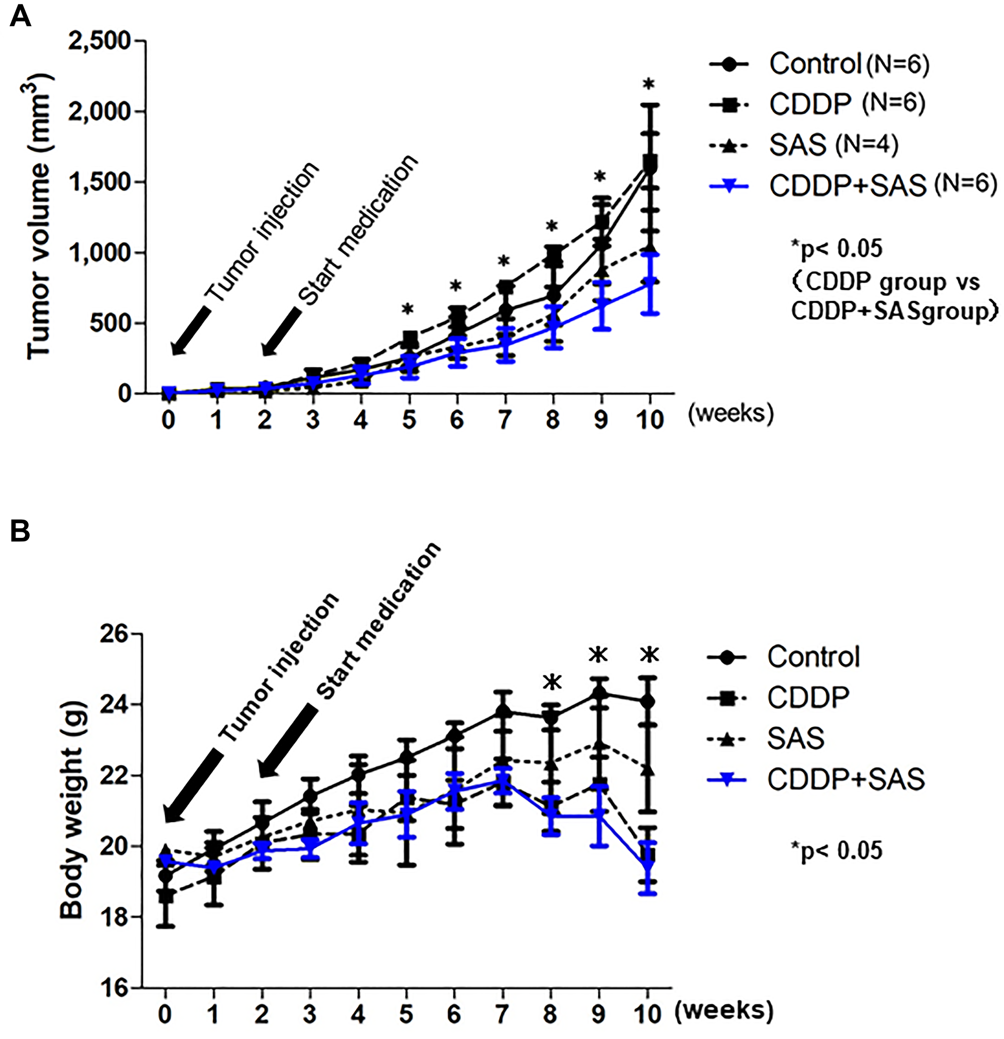 Cisplatin (CDDP) and Sulfasalazine (SAS) suppress xenograft tumor growth