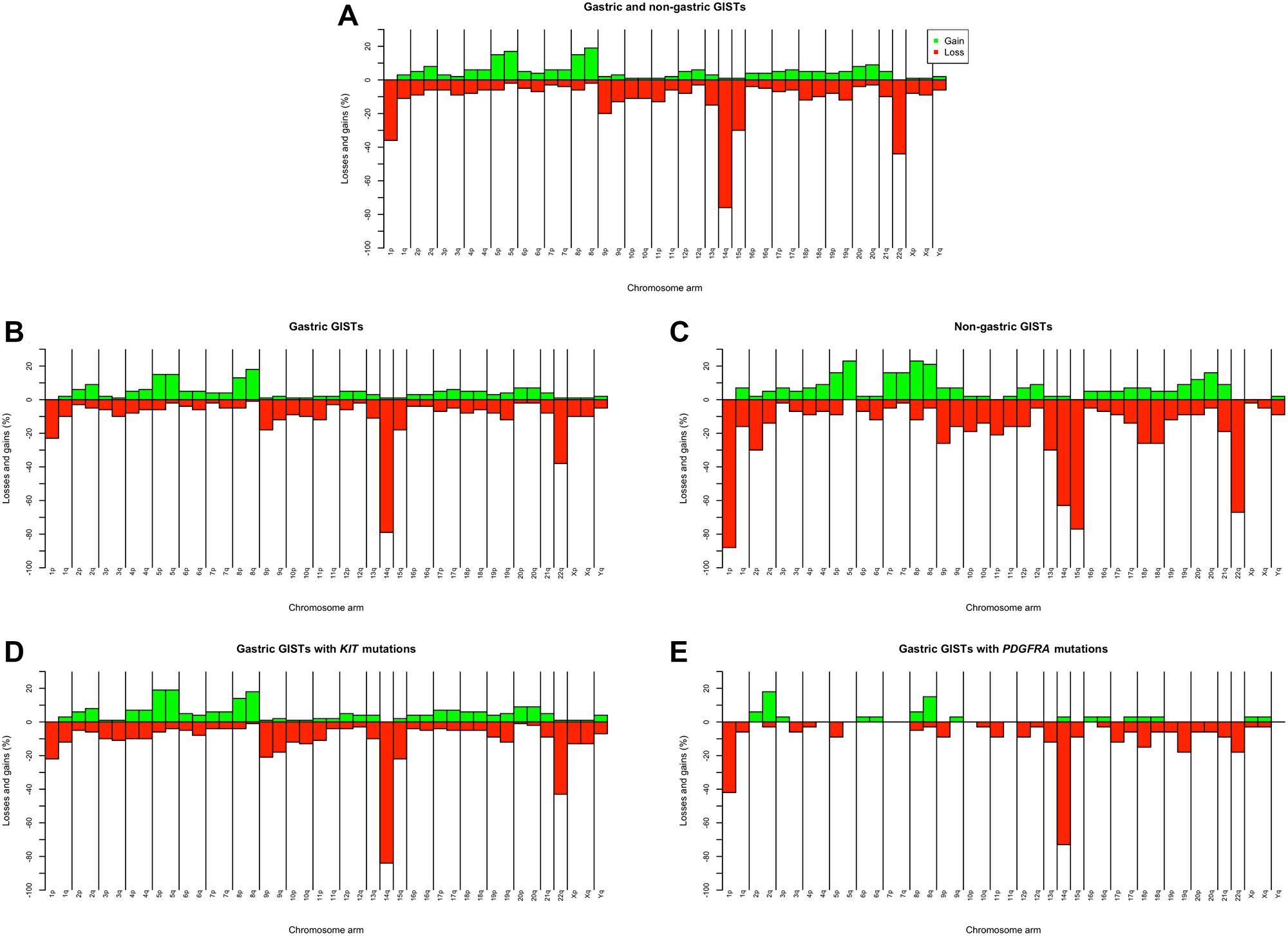 Chromosome imbalances identified by karyotyping in 216 primary both gastric and non-gastric GISTs (A); chromosome imbalances in 173 gastric (B) and 43 non-gastric (C) GISTs, and chromosome imbalances in 113 gastric GISTs with KIT mutations (D) and 33 gastric GISTs with PDGFRA mutations (E).