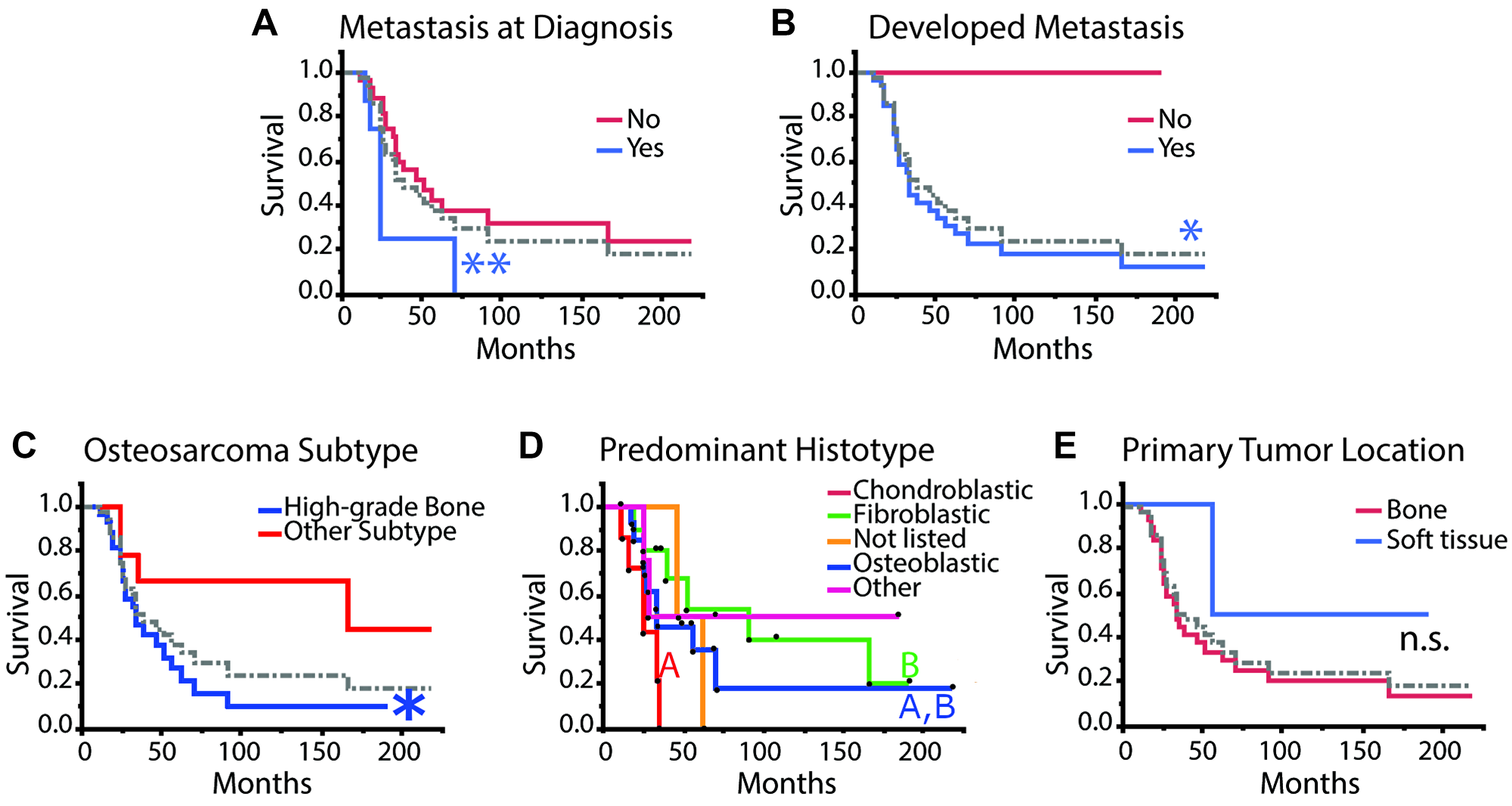 Kaplan–Meier survival analysis for clinical and histopathological aspects of disease