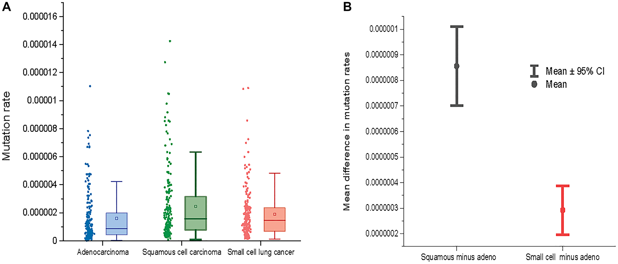 (A) Mutation rates across three major lung cancer cell types. (B) The mean difference between mutation rates for squamous cell lung cancer and adenocarcinoma (left) and between small cell lung cancer and adenocarcinoma (right) across 192 NCD-SNS.