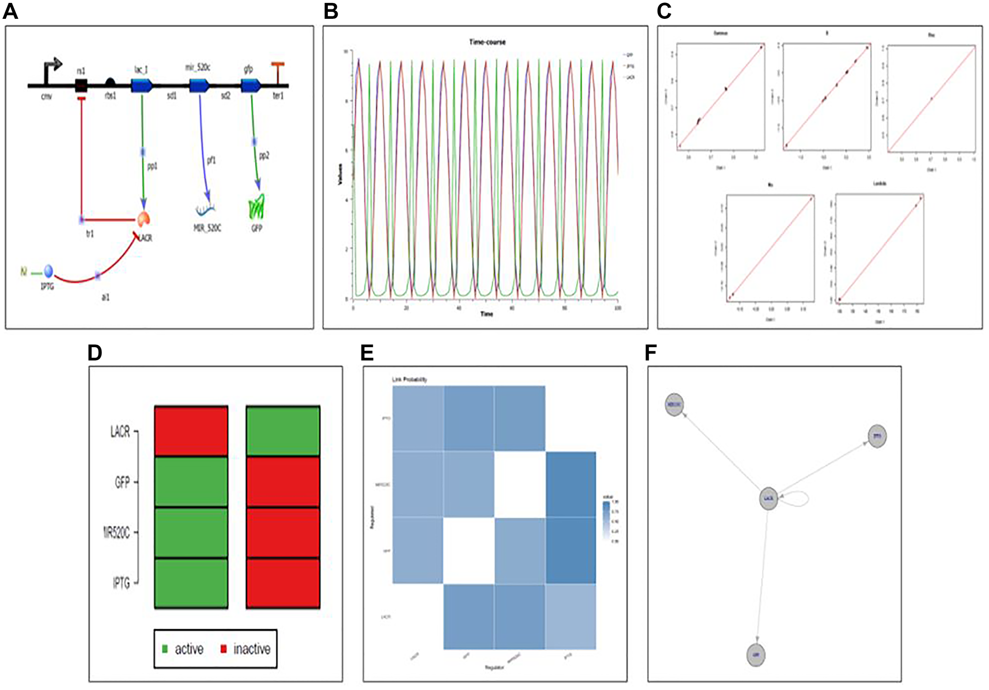 (A) Designed synthetic genetic circuit for miR-520c-3p. (B) Deterministic simulation of the designed genetic synthetic circuit. (C) Convergence plot of designed genetic synthetic circuit indicating all the parts in the pool is in working mechanistic aspect as all variables are on the line; Gamma: indicator variable of Gibbs variable selection, B: coefficient of linear regression, Lambda: precision of each regression, Mu: intercept of each regression. (D) Attractor state depicting the ON and OFF state of the synthetic circuit (E) Network uncertainty plot of the synthetic circuit depicting connections between the relation between repressor (Lac R) and expression of the genes ahead (miR-520c-3p and GFP). (F) Designed genetic synthetic circuit wired in a manner that makes Lac R the central switch.