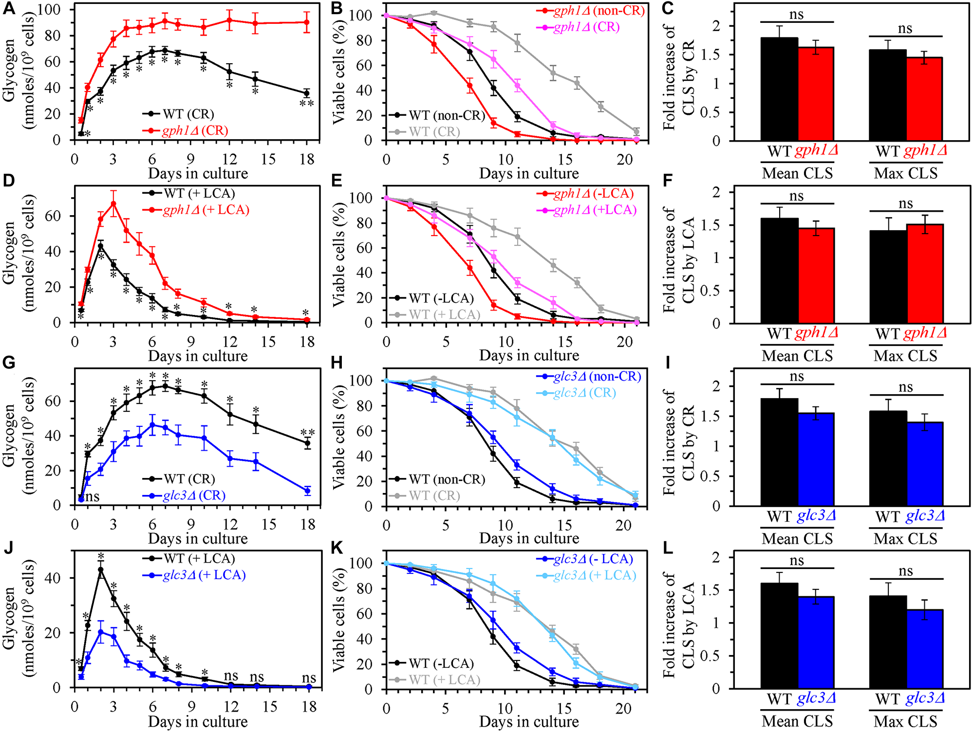 The single-gene deletion mutations that increase or decrease the intracellular glycogen concentration do not affect the efficiency of yeast chronological lifespan (CLS) extension by caloric restriction (CR) or lithocholic acid (LCA)