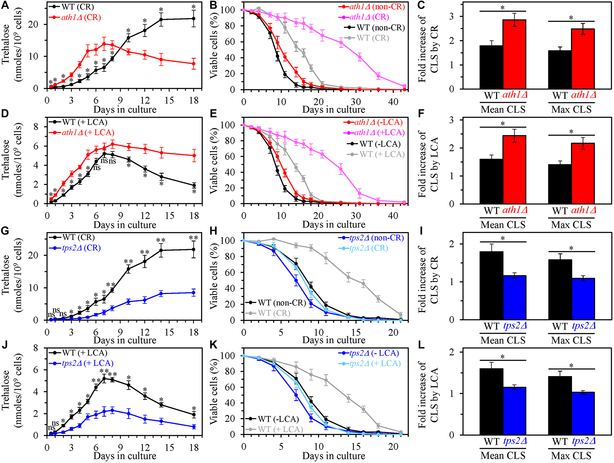 The single-gene deletion mutations that increase or decrease the intracellular concentration of trehalose alter the extent to which caloric restriction (CR) and lithocholic acid (LCA) prolong yeast chronological lifespan (CLS)