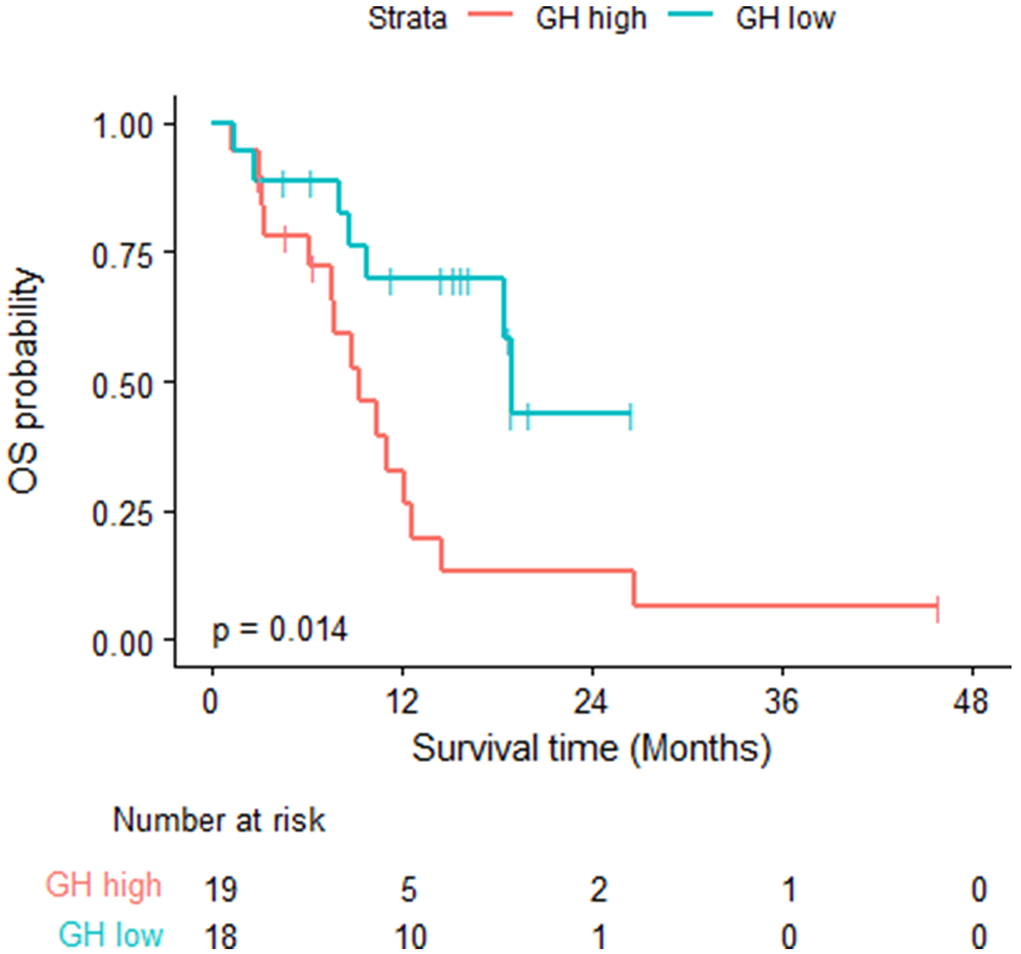 Overall survival- log rank test was used; fifteen of the 19 GH-high patients died, the median OS was 9.26 months (95% CI: 7.59, 14.59)