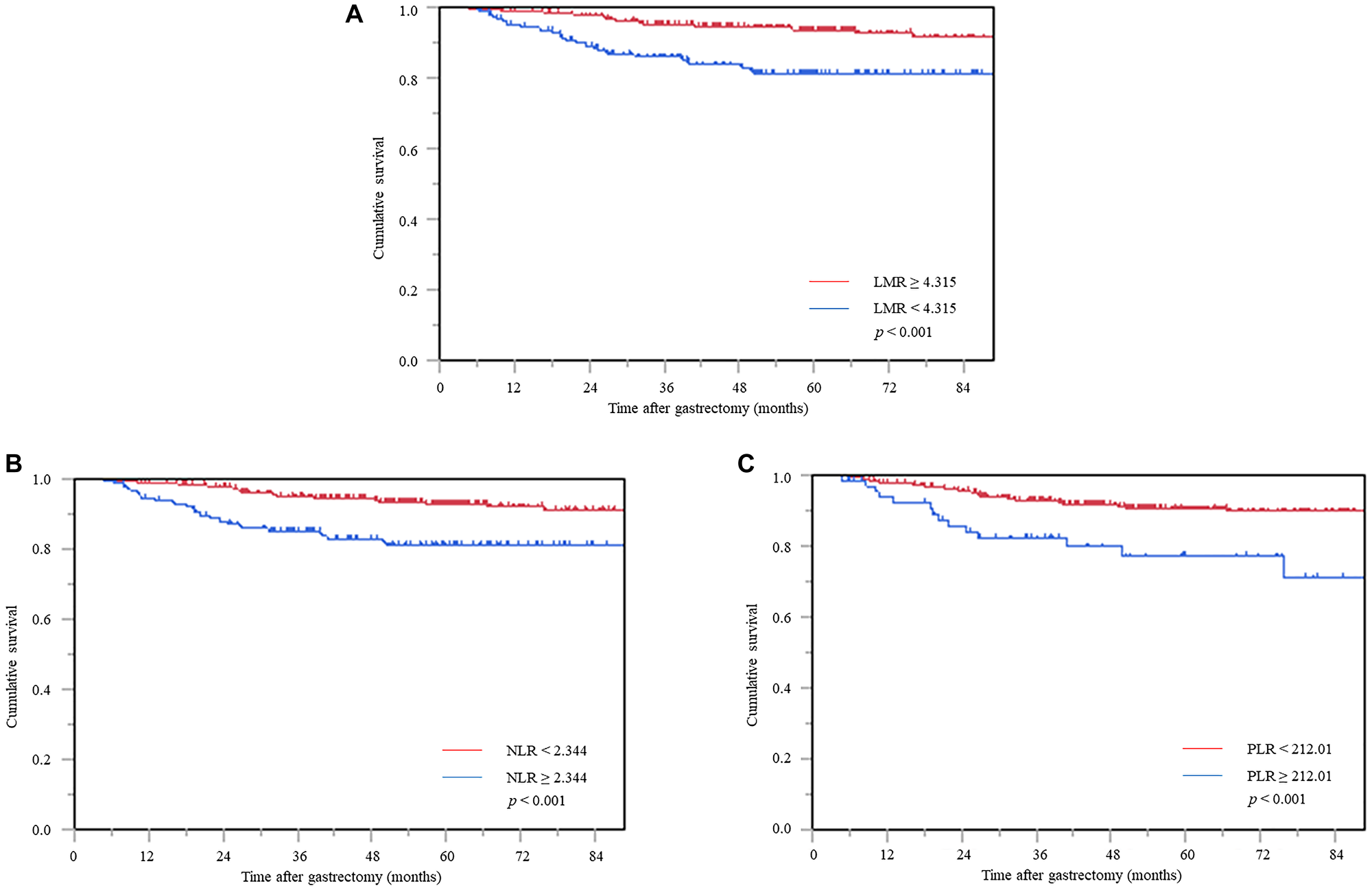 Cancer-specific survival curve based on the inflammatory biomarkers