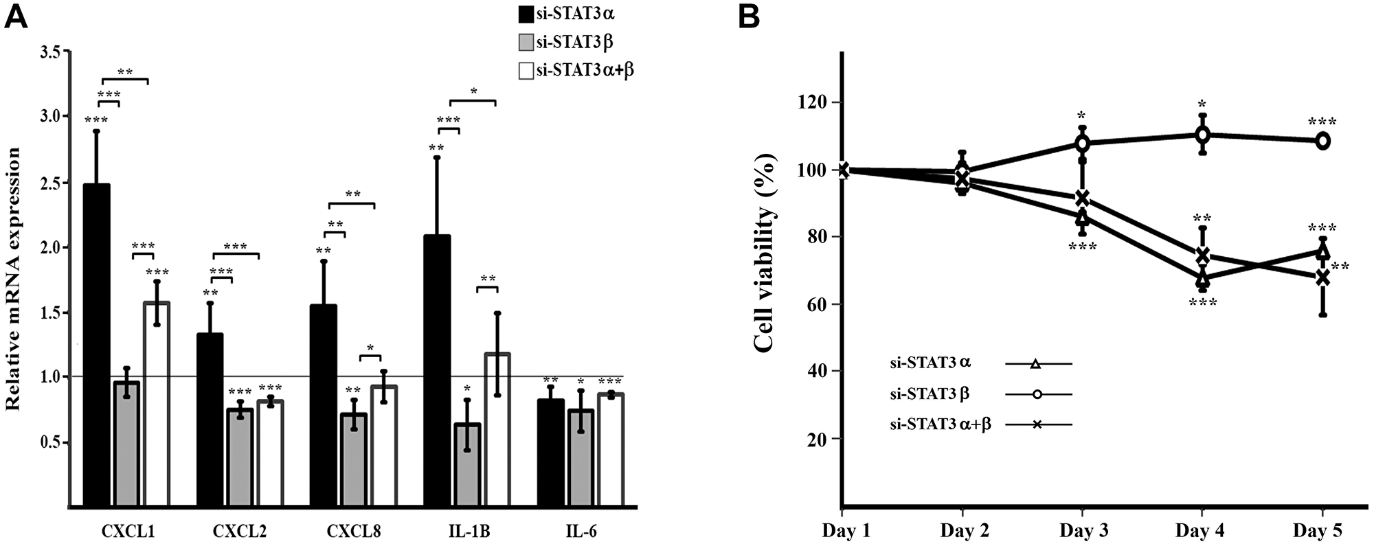 Cytokine expression and cell viability upon mRNA silencing of STAT3 isoforms (A) Relative quantification (RQ) of mRNA expression of cytokines upon mRNA silencing of STAT3 isoforms. Results were normalized to those obtained upon transfection with the relevant negative control siRNA that was set to 1. Results are the mean of at least three repeats of each experiment ± SD. *P ≤ 0.05; **P ≤ 0.01; ***P ≤ 0.001. (B) Cell viability upon mRNA silencing of STAT3 isoforms evaluated by XTT assay, was performed over five days following transfection. Each time point was normalized to the measurement on day 1 and cellular growth was compared between treated cells to their respective control cells. Results are the mean of at least three repeats of each experiment ± SD. **P ≤ 0.01; Results are the mean of at least three repeats of each experiment ± SD. *P ≤ 0.05; **P ≤ 0.01; ***P ≤ 0.001.