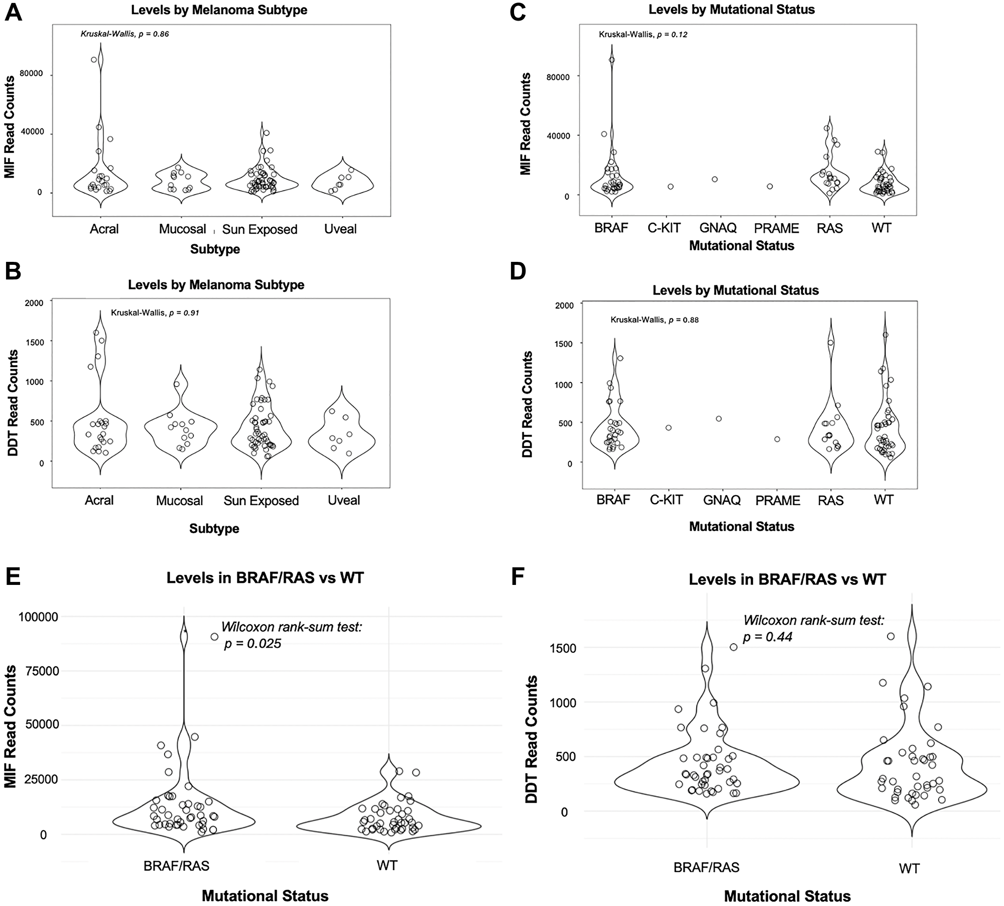 Kruskal-Wallis test applied to MIF and DDT levels across melanoma subtypes (acral, mucosal, sun-exposed, and uveal) and mutational status (BRAF, C-KIT, GNAQ, PRAME, RAS, and wild type (WT))