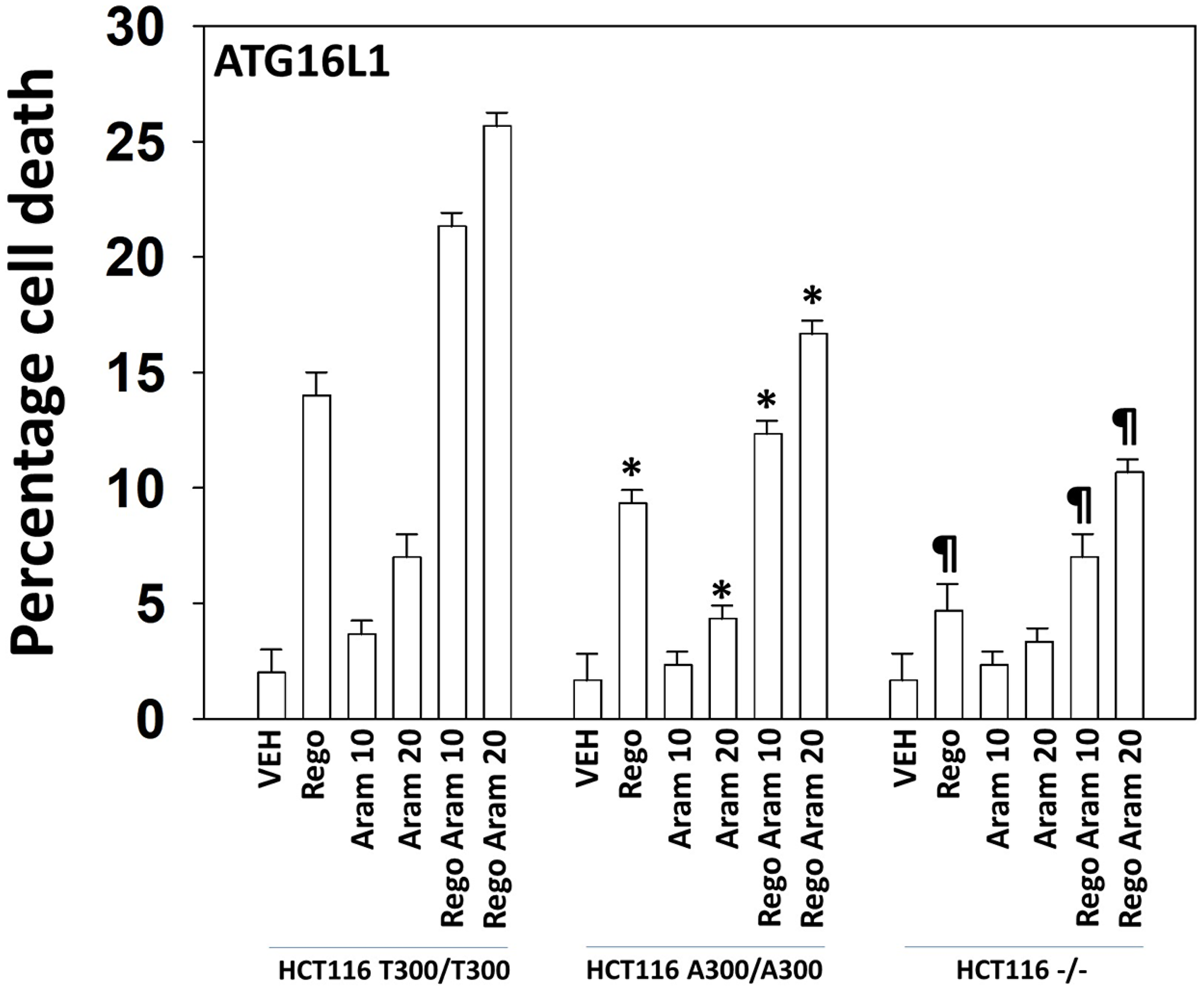 Aramchol and regorafenib, alone or in combination, preferentially kill HCT116 ATG16L1 T300/T300 cells compared to HCT116 ATG16L1 A300/A300 cells